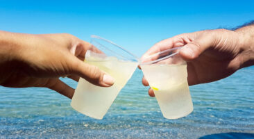Anstoßen mit zwei Bechern am Meer